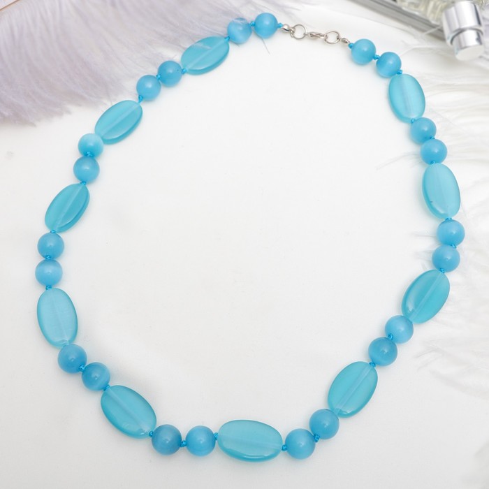 Бусы "Кошачий глаз" овал через два шара, цвет голубой.60см