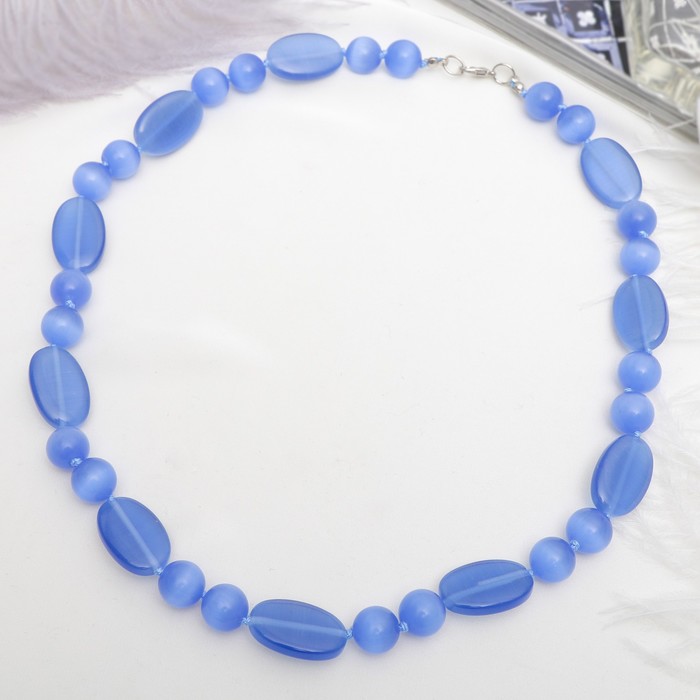 Бусы "Кошачий глаз" овал через два шара, цвет небесный. 55см