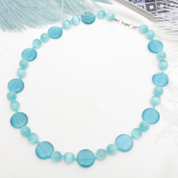 Бусы "Кошачий глаз" круг через два шара, цвет голубой, 60см