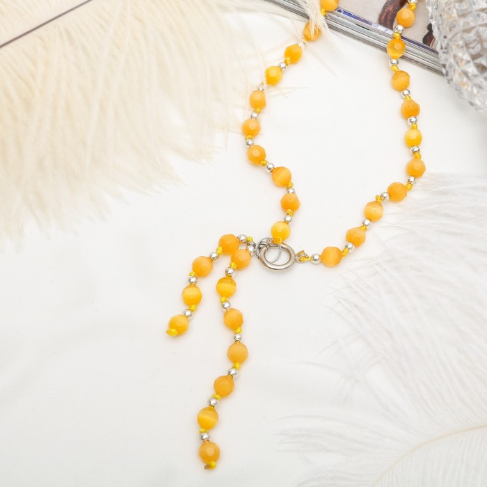 Бусы "Кошачий глаз" галстук, шар №8 гранёный, цвет жёлтый, 50см