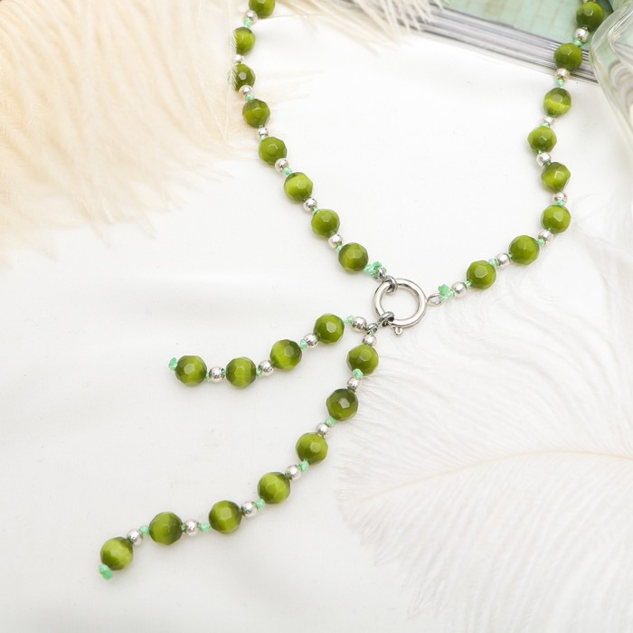 Бусы "Кошачий глаз" галстук, шар №8 гранёный, цвет травянисто-зелёный, 50см