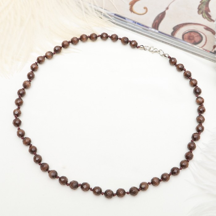 Бусы "Кошачий глаз" шар №8 гранёный, через узел, цвет тёмно-коричневый, 50см