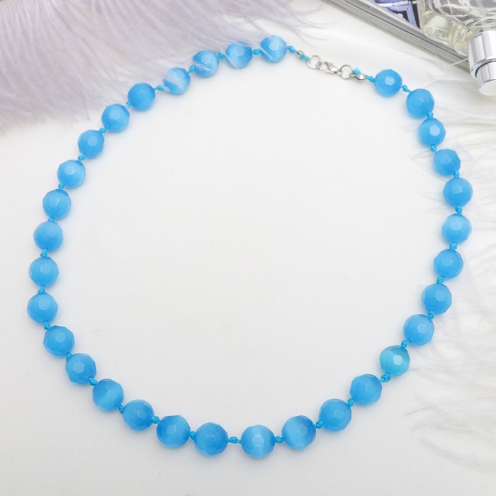 Бусы "Кошачий глаз" шар №12 гранёный, через узел, цвет тёмно-голубой, 50см