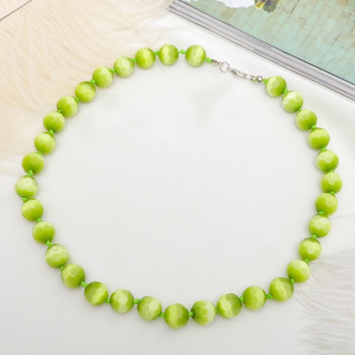 Бусы "Кошачий глаз" шар №12 гранёный, через узел, цвет травянисто-зелёный, 50см