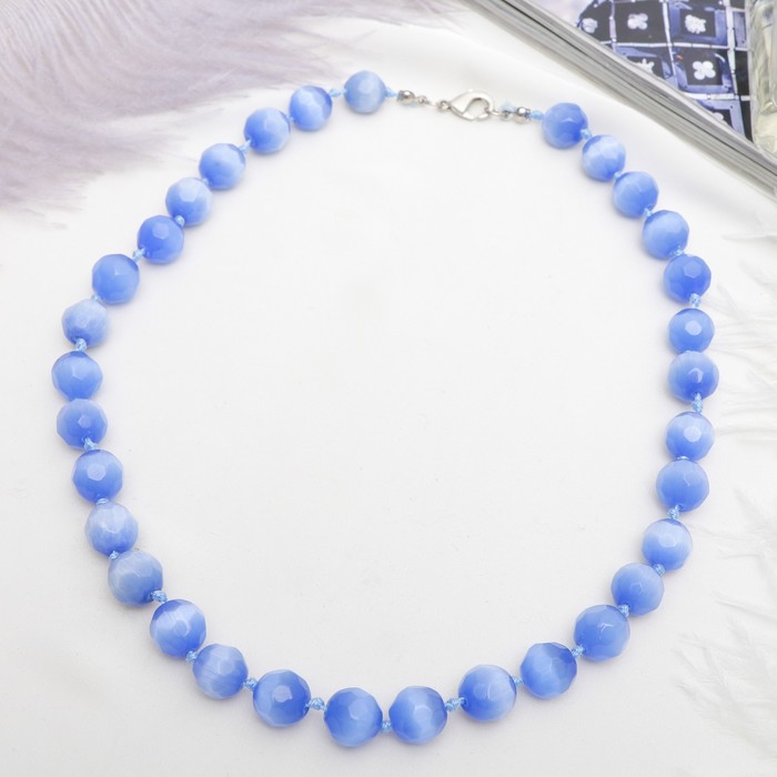 Бусы "Кошачий глаз" шар №12 гранёный, через узел, цвет небесный, 50см