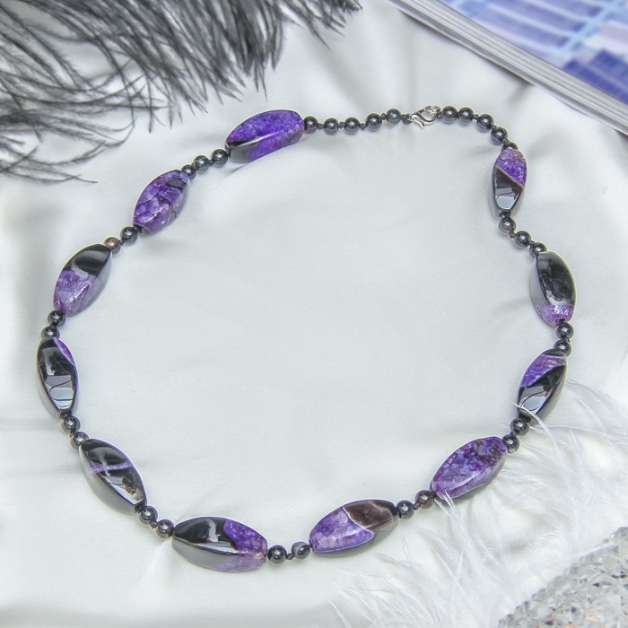 Бусы галтовка гранёная через два шара "Агат пористый", цвет черно-фиолетовый, 55см