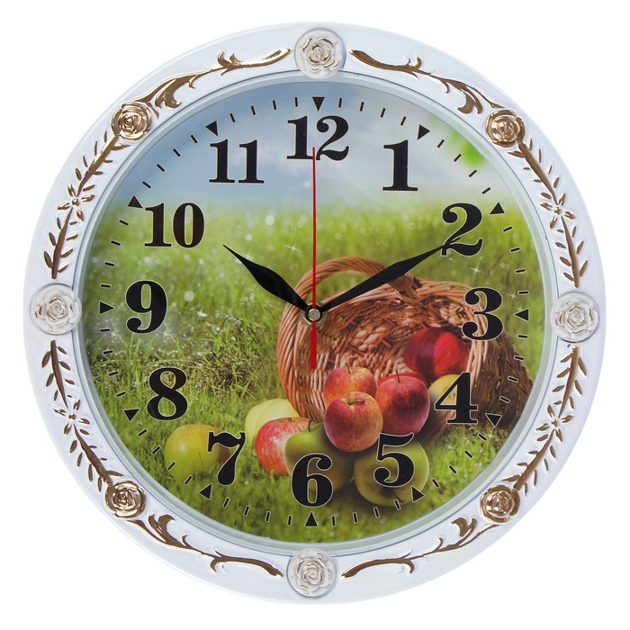 Часы настенные круг, белая рама со вставками розы, на циферблате Фрукты/Цветы, микс, d=30см 275699