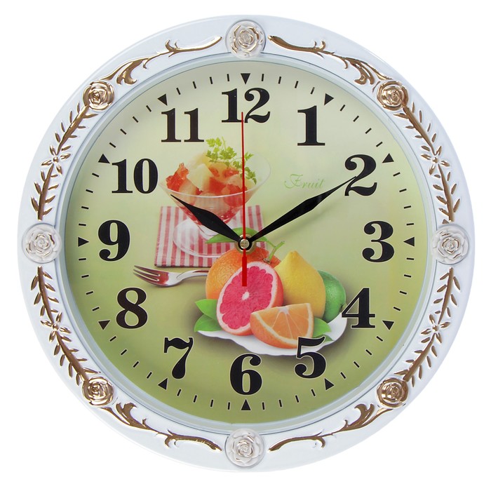 Часы настенные круг, белая рама со вставками розы, на циферблате Фрукты/Цветы, микс, d=30см 275699