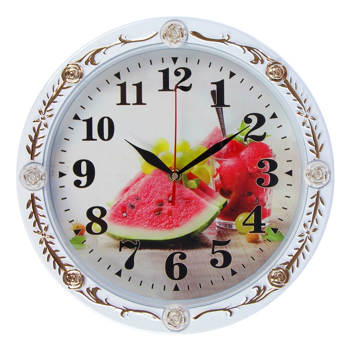 Часы настенные круг, белая рама со вставками розы, на циферблате Фрукты/Цветы, микс, d=30см 275699