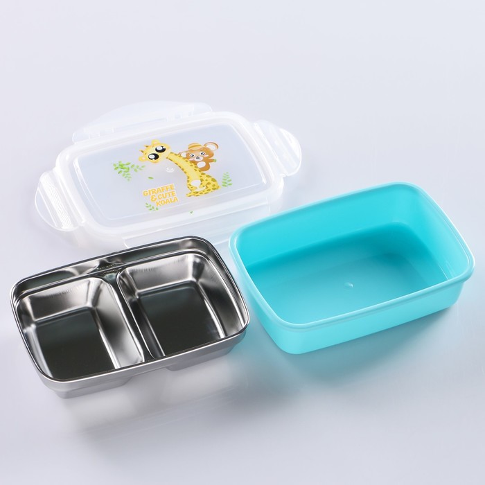 Ланч-бокс прямоуг, 2 отсека по 150 мл, греется от кипятка, нерж сталь, микс, 14х18.5 см