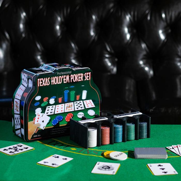 Набор для игры в покер: 2 колоды карт, фишки 200 шт., сукно 60x90 см, микс