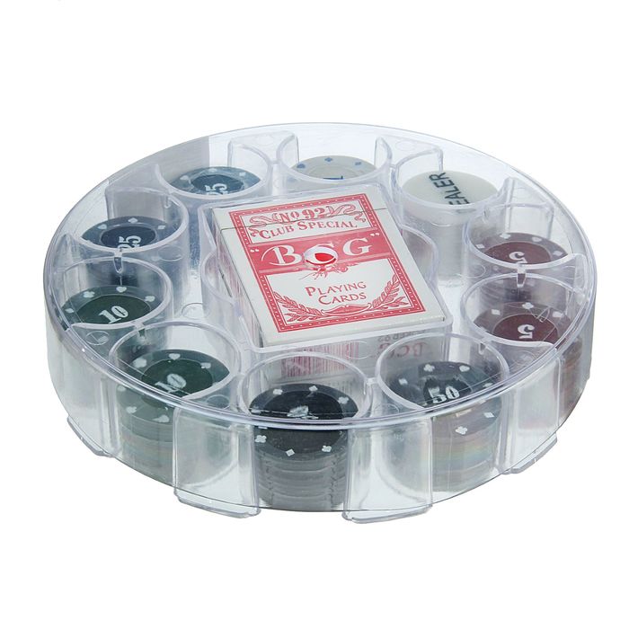 Набор для покера BCG: 100 фишек, 2 колоды карт по 54 шт., круглая пластиковая коробка, d=21 см
