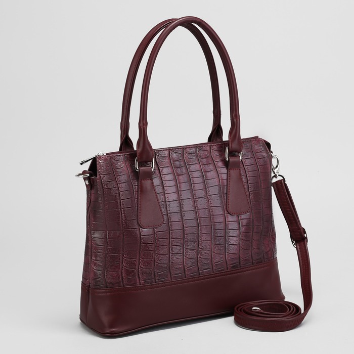 Сумка женская, отдел на молнии, наружный карман, длинный ремень, крокодил, цвет бордовый