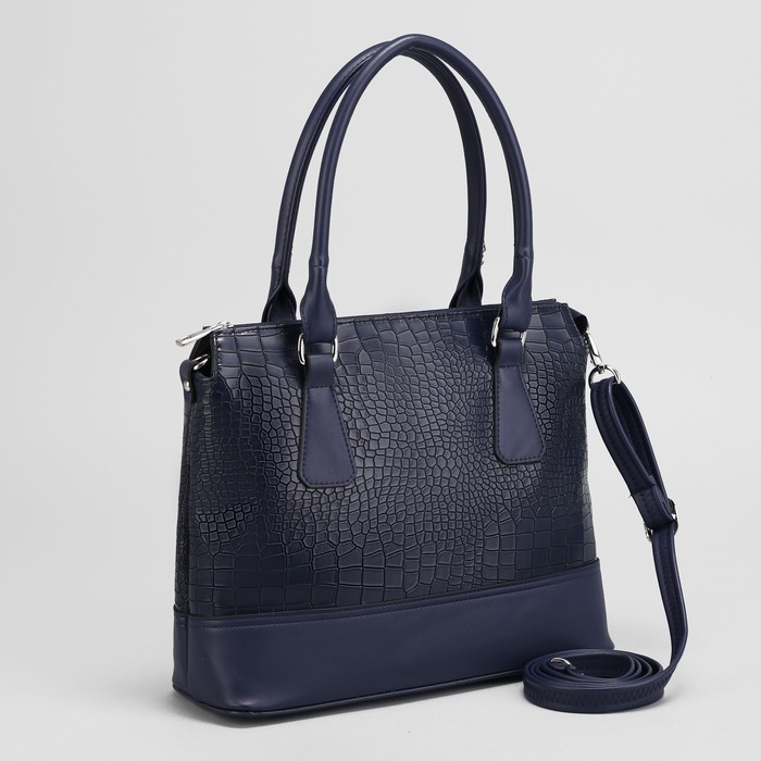 Сумка женская, отдел на молнии, наружный карман, длинный ремень, крокодил, цвет синий