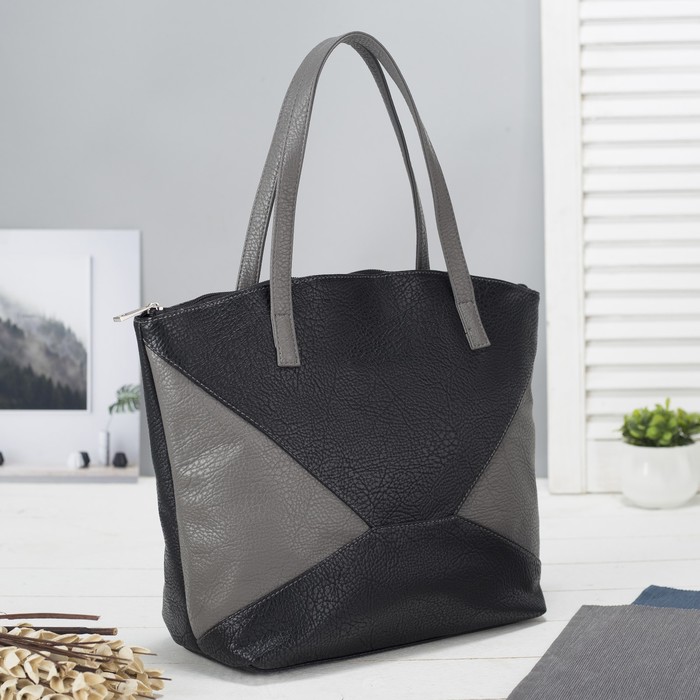 Сумка женская, 1 отдел на молнии, наружный карман, цвет чёрный/серый