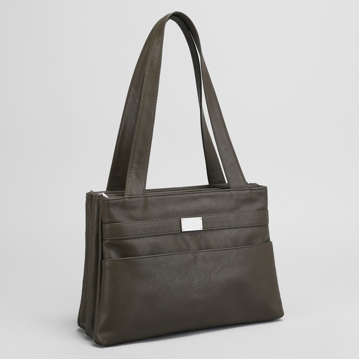 Сумка женская, 3 отдела на молниях, 3 наружных кармана, тёмный хаки