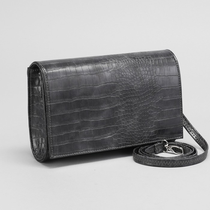 Сумка женская, 1 отдел на клапане, длинный ремень, крокодил, цвет серый