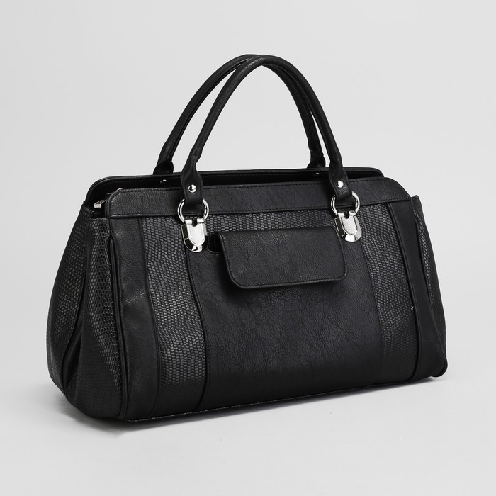 Сумка женская, 1 отдел на молнии, 2 наружных кармана, змея, цвет чёрный