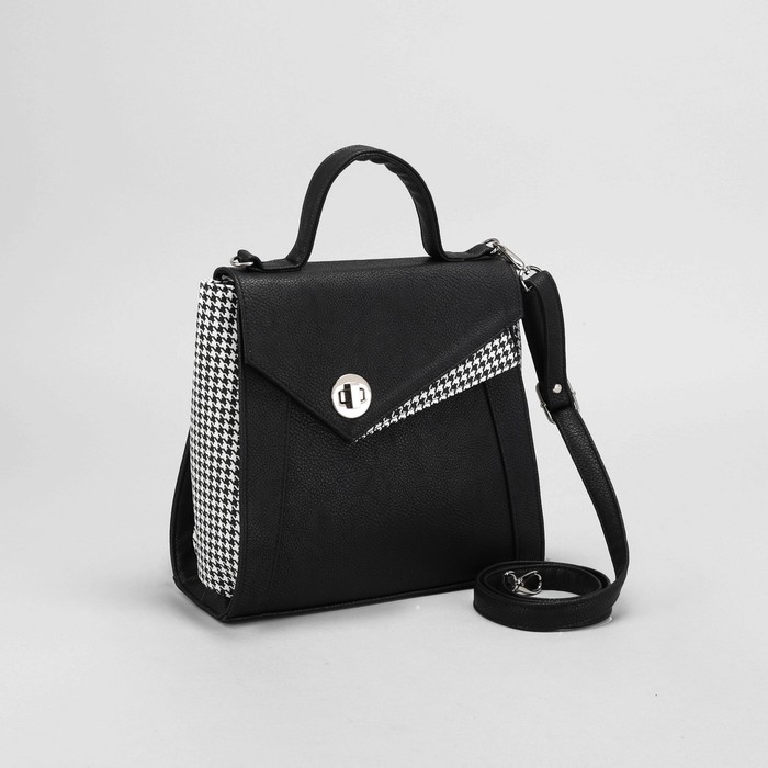 Сумка женская, 1 отдел на молнии, наружный карман, длинный ремень, цвет чёрный/гусиная лапка