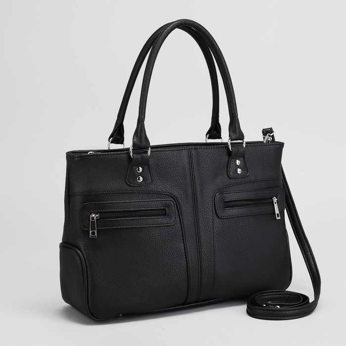 Сумка женская, отдел на молнии, 3 наружных кармана, длинный ремень, цвет чёрный