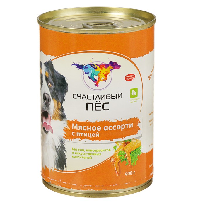 Влажный корм "Счастливый пёс" для собак, мясное ассорти с птицей , 400 г