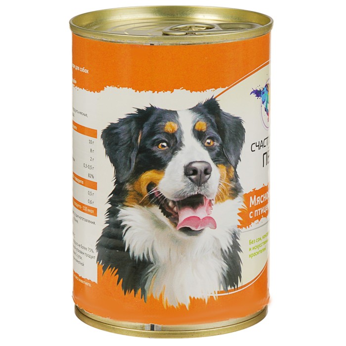 Влажный корм "Счастливый пёс" для собак, мясное ассорти с птицей , 400 г