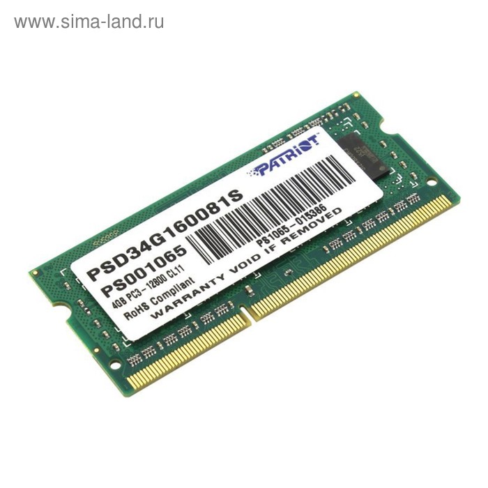 Память DDR3 4Gb 1600MHz Patriot PSD34G160081S RTL PC3-12800 CL11 SO-DIMM 204-pin память so dimm ddr3 patriot 4gb 1600mhz psd34g1600l2s