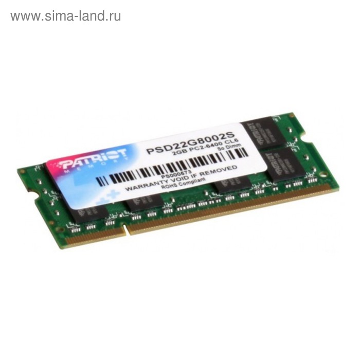 Память DDR2 2Gb 800MHz Patriot PSD22G8002S RTL PC2-6400 CL6 SO-DIMM 204-pin 1.8В модуль памяти patriot dimm ddr2 2gb 800mhz patriot psd22g80026 rtl pc2 6400 cl6 240 pin 1 8в
