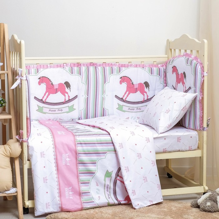 Борт в кроватку "Лошадки" розовый, размерами 54х60 - 1 шт, 40х60 - 1 шт, 40х120- 2 шт хл100%   30881