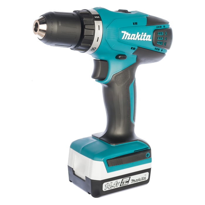 Дрель-шуруповерт Makita DF 347 DWLE, акк, 14.4В, 2х1.5Ач, БЗП-10мм, 1400 об/мин, фонарь