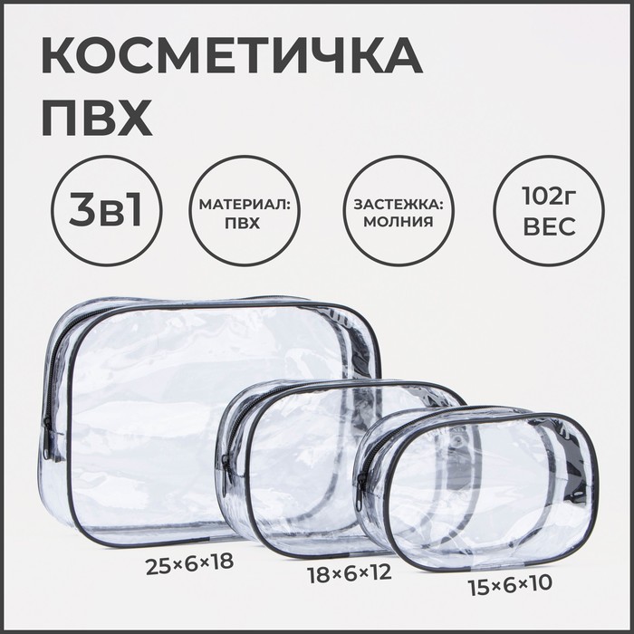 

Набор косметичек 3 в 1 на молниях, цвет чёрный/прозрачный