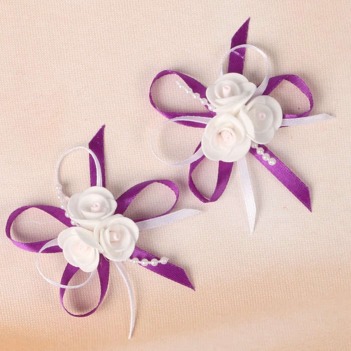 Бант свадебный для декора «С тройным цветочком» D-7 см 2 шт, цвет фиолетовый