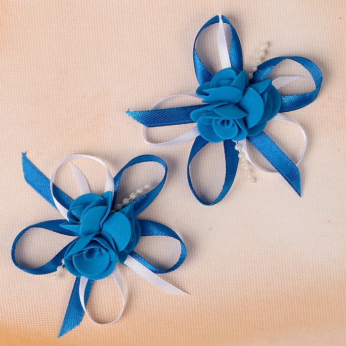 Бант свадебный для декора «С тройным цветочком» D-7 см 2 шт, цвет синий