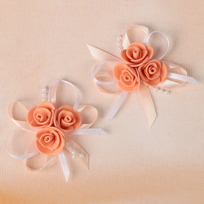 Бант свадебный для декора «С тройным цветочком» D-7 см 2 шт, цвет персиковый