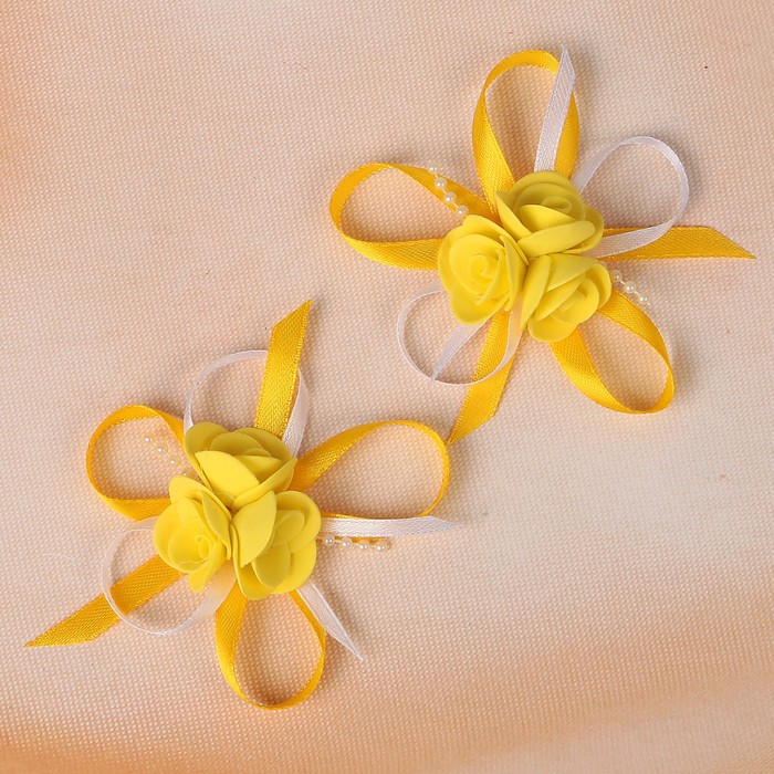 Бант свадебный для декора «С тройным цветочком» D-7 см 2 шт, цвет желтый