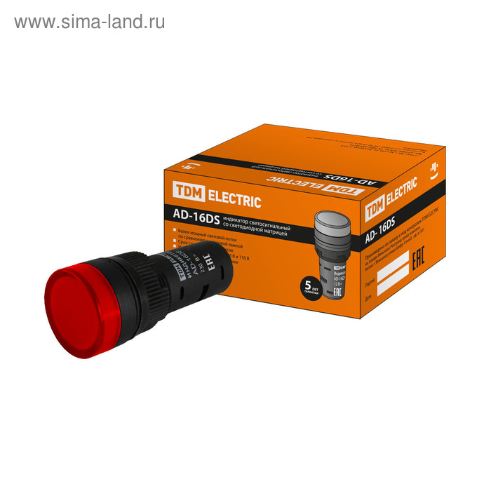 фото Лампа tdm ad-16ds(led)матрица, d=16 мм, красный, 230 в, ас, sq0702-0071 tdm electric