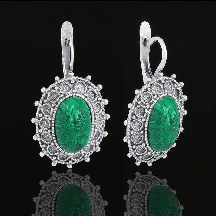 Серьги "Маланья", цвет зелёный в чернёном серебре