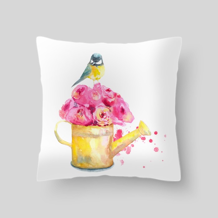 Декоративная подушка "Летний букет роз с птичкой", размер 40х40 см