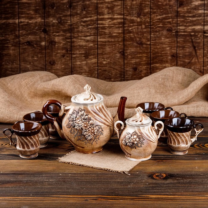 фото Чайный набор "орфей", 8 предметов, чайник 2 л, чашки 0.15 л керамика ручной работы