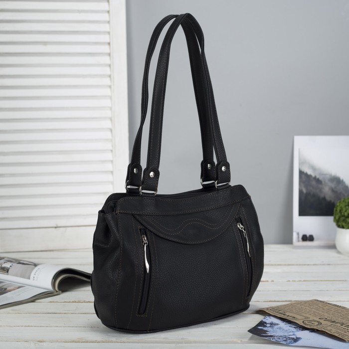 Сумка женская, 2 отдела на молнии, наружный карман, цвет чёрный с коричневой отстрочкой