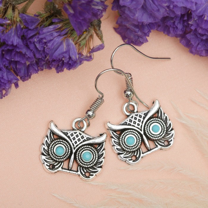 Серьги со стразами "Сова" цвет голубой в чернёном серебре