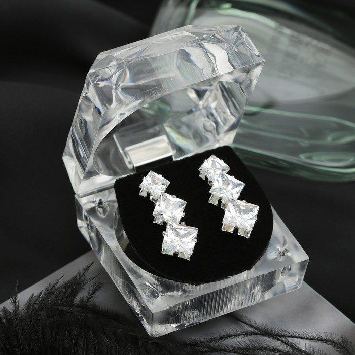 Пусеты 3 пары "Мерцание" циркон, ромб, цвет белый в серебре