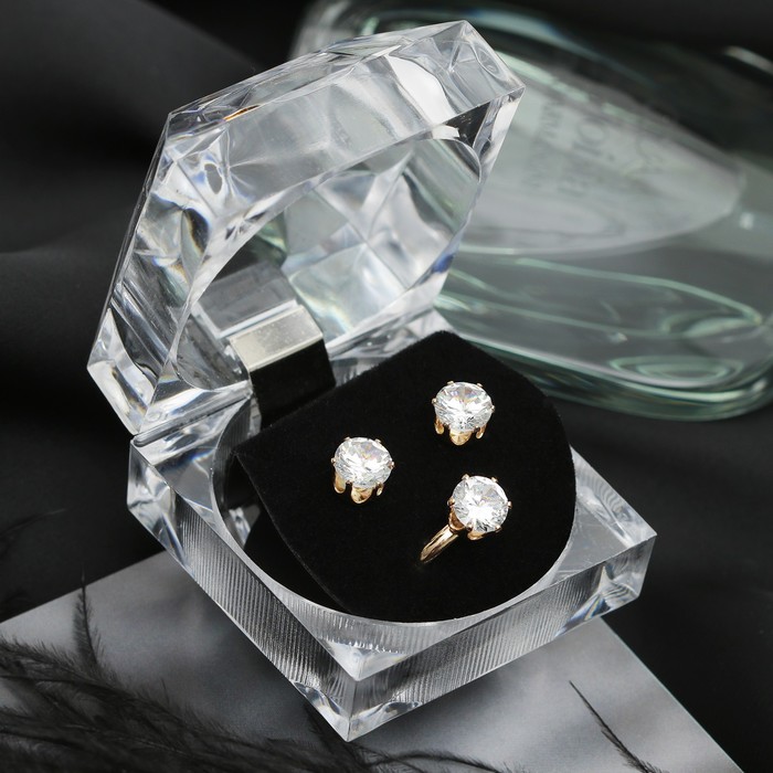 Набор 2 предмета: серьги, кольцо "Луна" циркон, круг, в коробочке, цвет белый в золоте