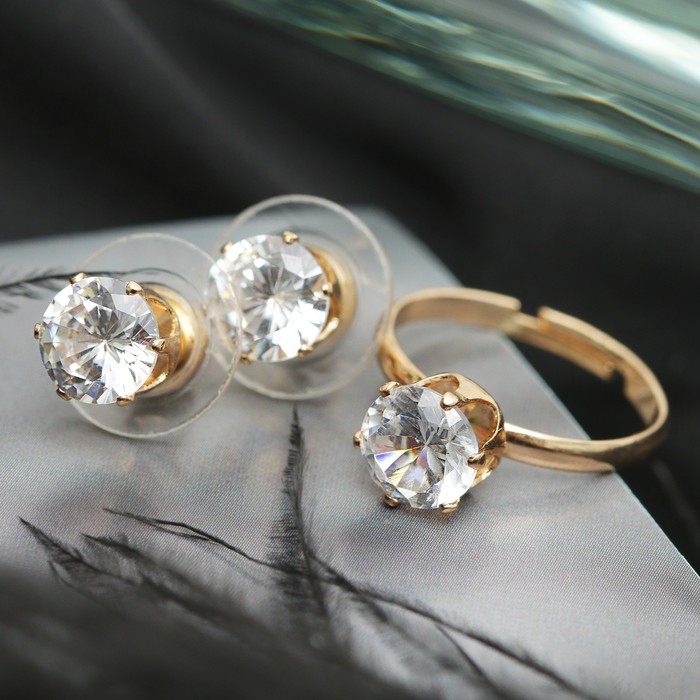 Набор 2 предмета: серьги, кольцо "Луна" циркон, круг, в коробочке, цвет белый в золоте