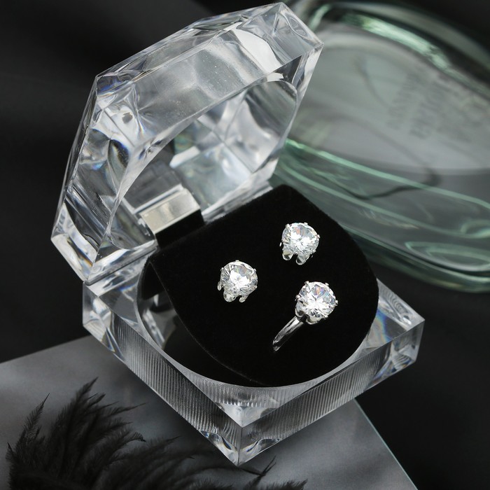 Набор 2 предмета: серьги, кольцо "Луна" циркон, круг, в коробочке, цвет белый в серебре