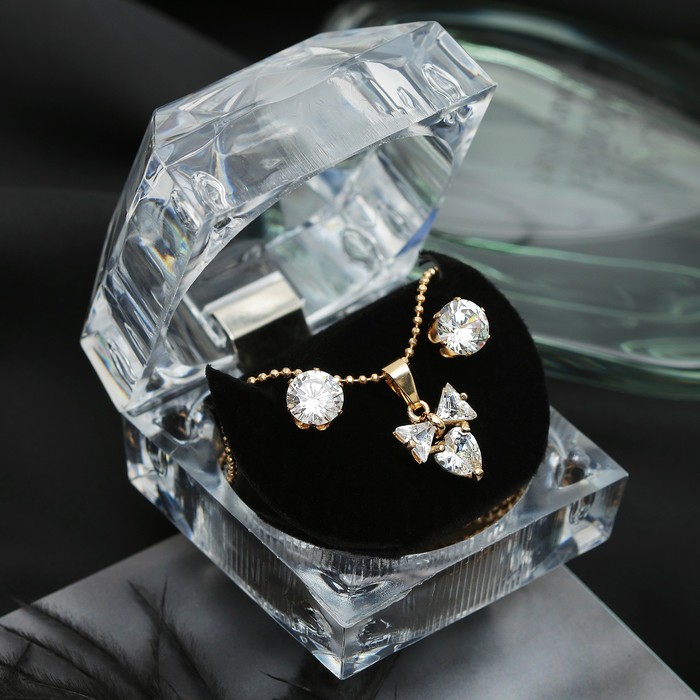 Набор 2 предмета: серьги, кулон "Луна" циркон, бант, в коробочке, цвет белый в золоте