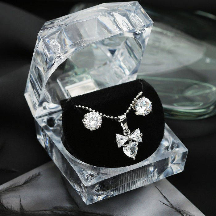 Набор 2 предмета: серьги, кулон "Луна" циркон, бант, в коробочке, цвет белый в серебре