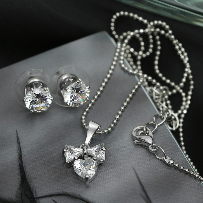 Набор 2 предмета: серьги, кулон "Луна" циркон, бант, в коробочке, цвет белый в серебре