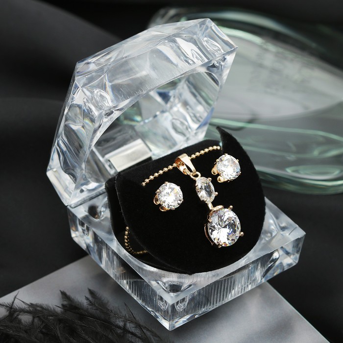 Набор 2 предмета: серьги, кулон "Луна" циркон, круг, в коробочке, цвет белый в золоте