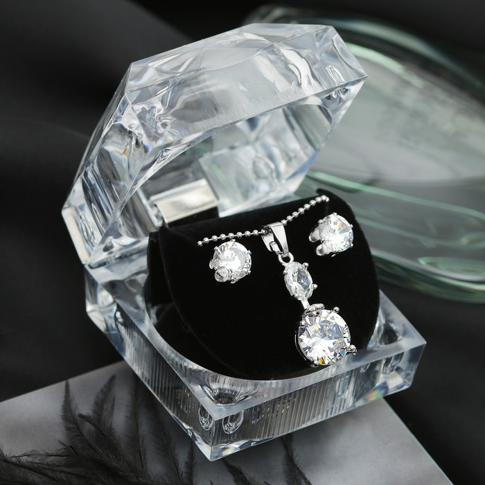 Набор 2 предмета: серьги, кулон "Луна" циркон, круг, в коробочке, цвет белый в серебре